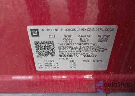 2020 Chevrolet Equinox Fwd Lt 1.5L Turbo from USA, damaged, VIN 3GNAXKEV3LS586522